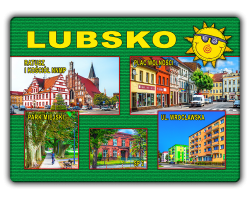 Magnes elastyczny 65x90 LUBSKO Ratusz i kościół NNMP, Plac Wolności, Park Miejski, SP 2, Wrocławska - zielone tło, złoty napis